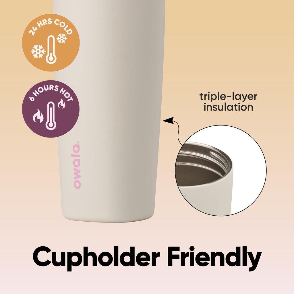 Owala SmoothSip Slider Insulated Stainless Steel Coffee Tumbler, Reusable Iced Coffee Cup, Hot Coffee Travel Mug, BPA Free 12 oz, Tan/White (Vanilla Bean)