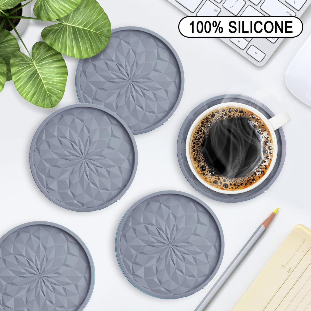 ME.FAN Silicone Coasters with Holder,[6 Pack] Drinking Coasters - Cup Mat for Hot or Cold Drinks, Thickened, Non-Slip, Non-Stick,Deep Tray Black