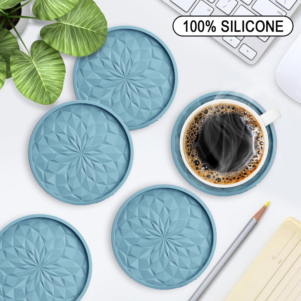 ME.FAN Silicone Coasters with Holder,[6 Pack] Drinking Coasters - Cup Mat for Hot or Cold Drinks, Thickened, Non-Slip, Non-Stick,Deep Tray Black