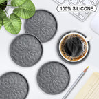 ME.FAN Silicone Coasters with Holder,[6 Pack] Drinking Coasters - Cup Mat for Hot or Cold Drinks, Thickened, Non-Slip, Non-Stick,Deep Tray Black