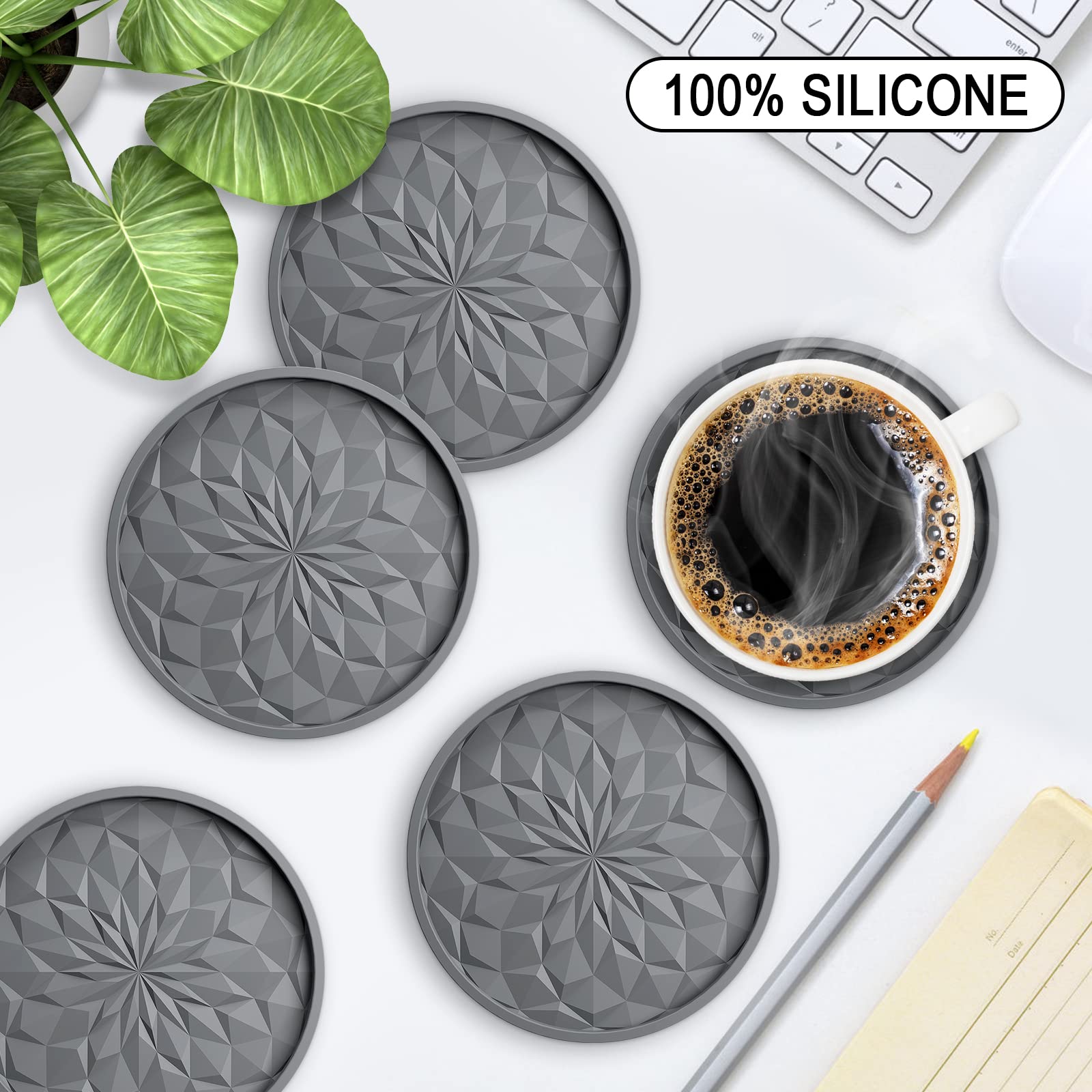 ME.FAN Silicone Coasters with Holder,[6 Pack] Drinking Coasters - Cup Mat for Hot or Cold Drinks, Thickened, Non-Slip, Non-Stick,Deep Tray Black