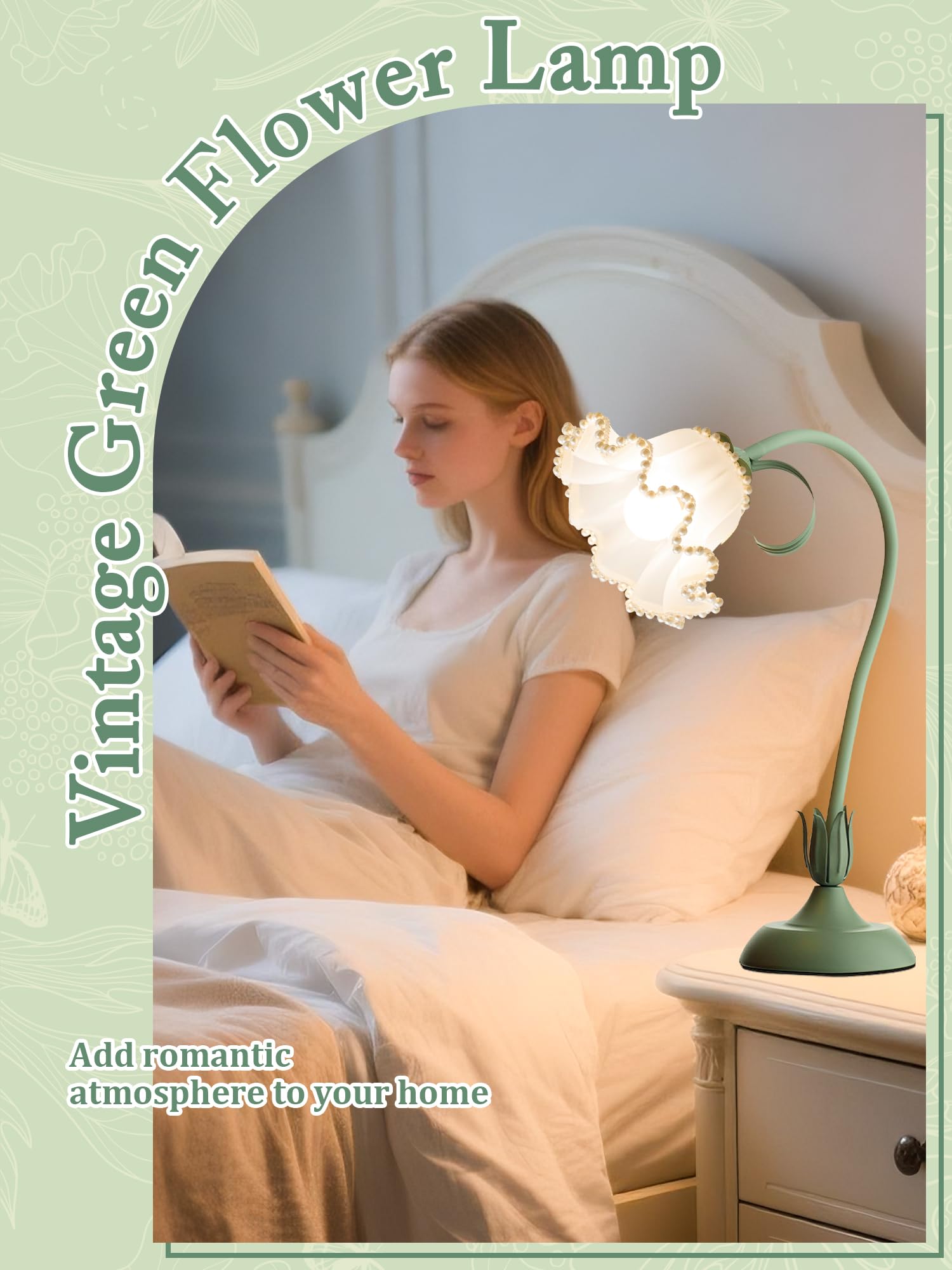 Flower Table Lamp,LED Reading Light Bedside Vintage Flower Night Light,3 Colors Modes Kawaii Bedside Lamps Decor,Living Room Bedroom Room Lighting Table Lamps Home Decoration (Green)
