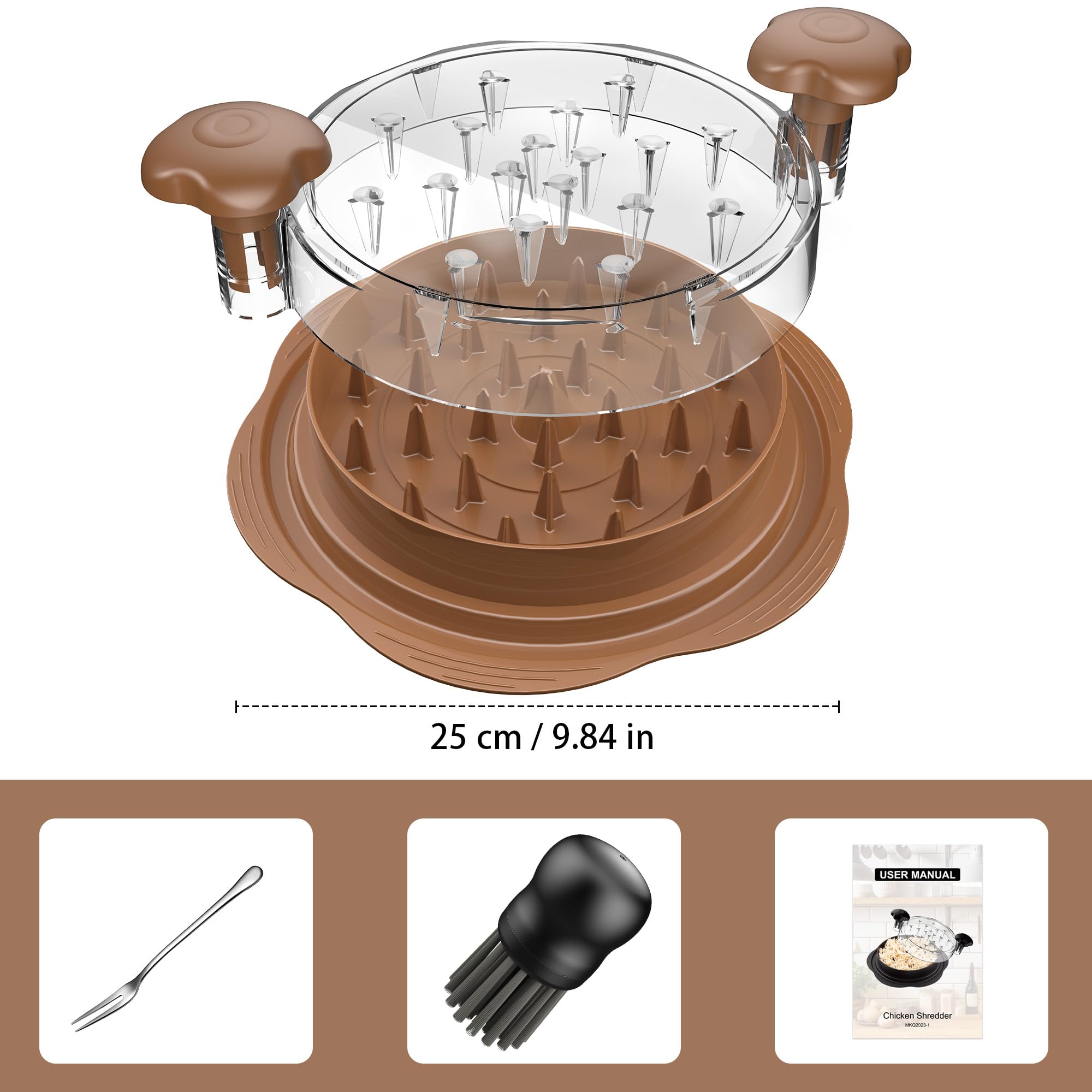 Chicken Shredder Large Chicken Breast Shredder Tool Twist with Brush&Fork, Visible Meat Shredder Machine, Strong Anti-Slip Strip, Ergonomic Handle, BPA Free, Suitable for Pork Beef Chicken