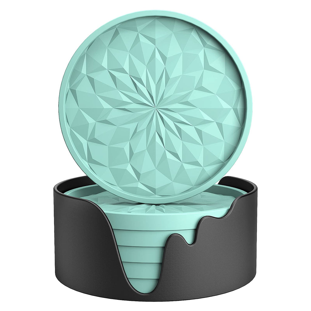 ME.FAN Silicone Coasters with Holder,[6 Pack] Drinking Coasters - Cup Mat for Hot or Cold Drinks, Thickened, Non-Slip, Non-Stick,Deep Tray Black