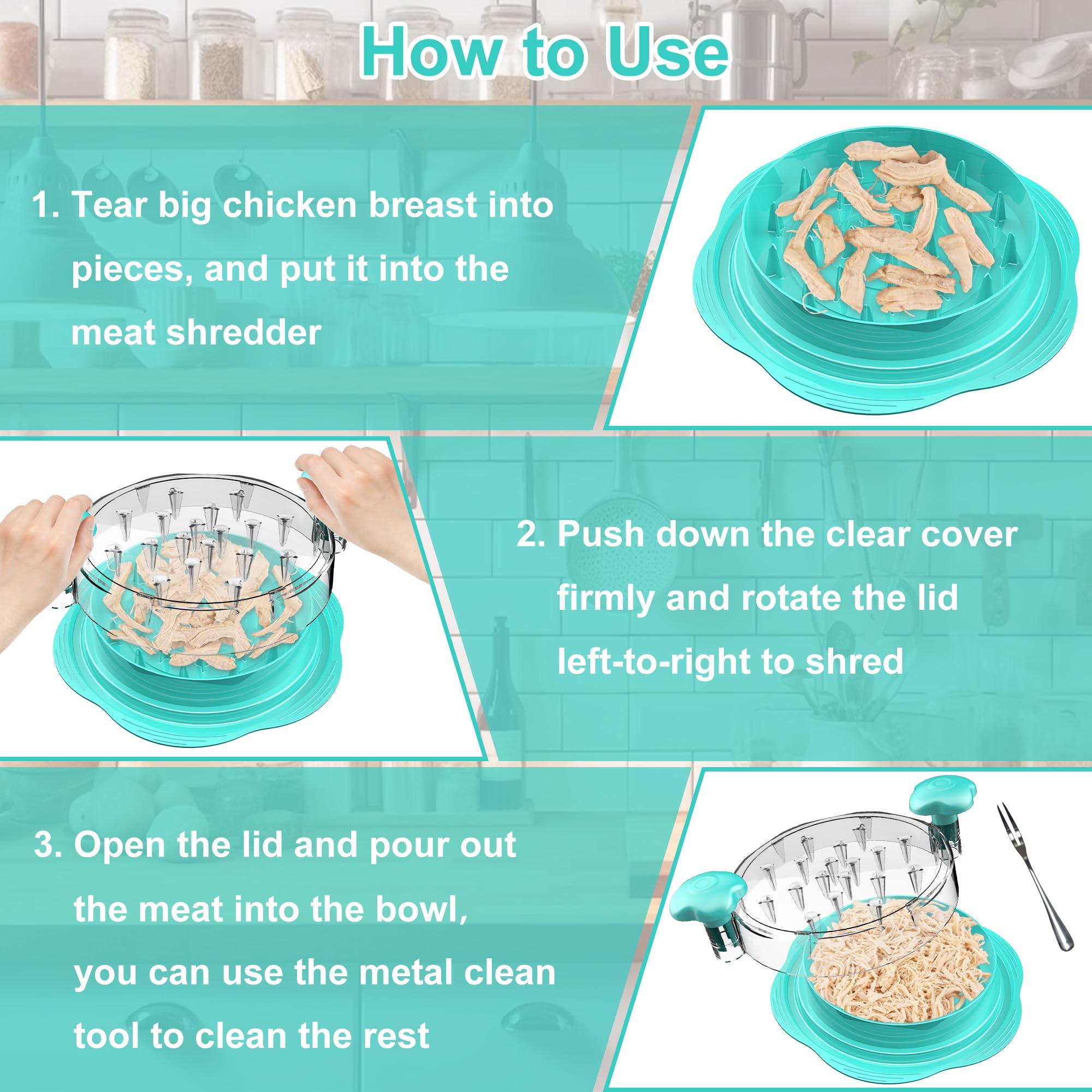 Chicken Shredder Large Chicken Breast Shredder Tool Twist with Brush&Fork, Visible Meat Shredder Machine, Strong Anti-Slip Strip, Ergonomic Handle, BPA Free, Suitable for Pork Beef Chicken