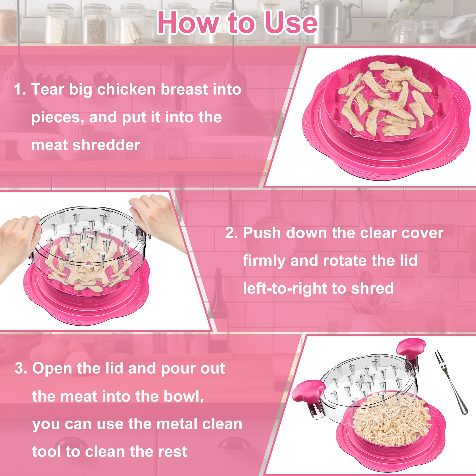 Chicken Shredder Large Chicken Breast Shredder Tool Twist with Brush&Fork, Visible Meat Shredder Machine, Strong Anti-Slip Strip, Ergonomic Handle, BPA Free, Suitable for Pork Beef Chicken