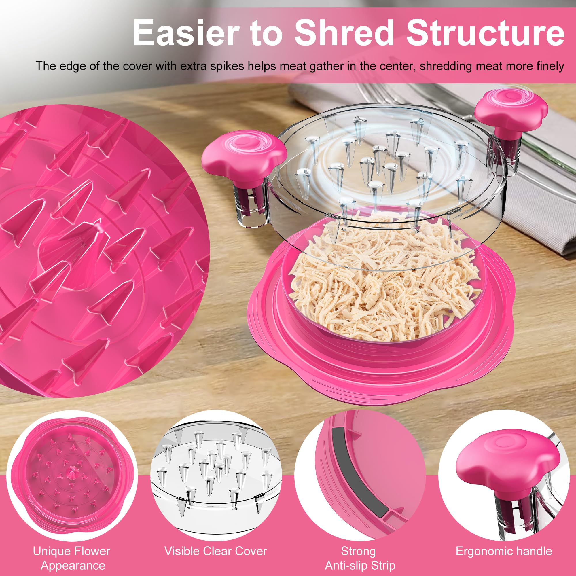 Chicken Shredder Large Chicken Breast Shredder Tool Twist with Brush&Fork, Visible Meat Shredder Machine, Strong Anti-Slip Strip, Ergonomic Handle, BPA Free, Suitable for Pork Beef Chicken