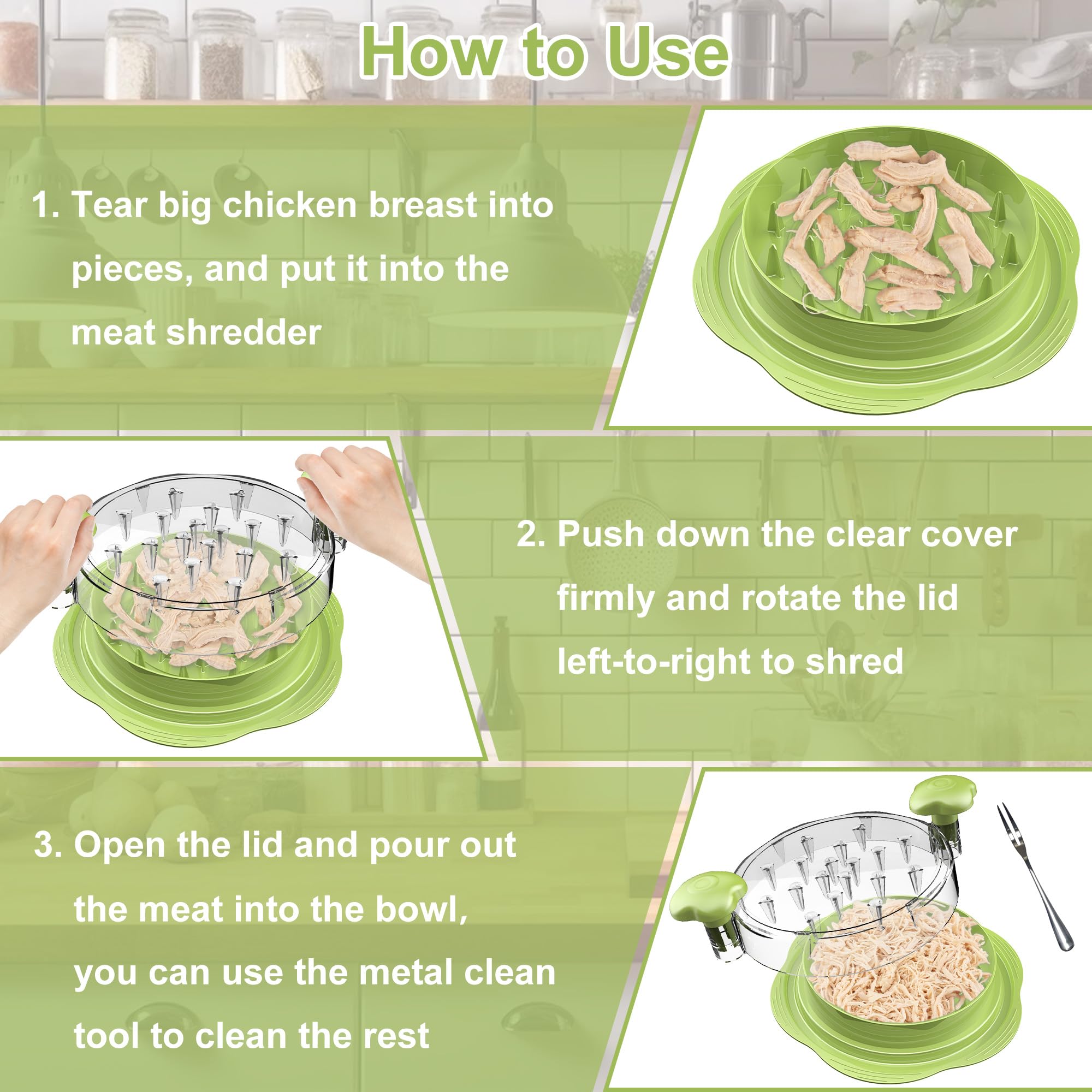 Chicken Shredder Large Chicken Breast Shredder Tool Twist with Brush&Fork, Visible Meat Shredder Machine, Strong Anti-Slip Strip, Ergonomic Handle, BPA Free, Suitable for Pork Beef Chicken