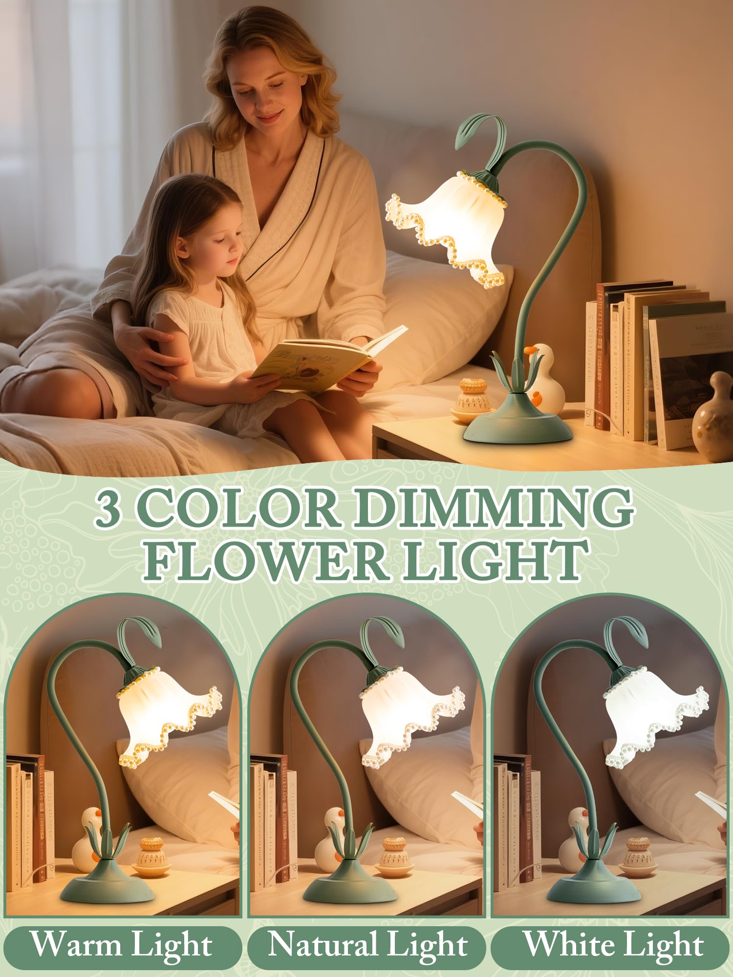 Flower Table Lamp,LED Reading Light Bedside Vintage Flower Night Light,3 Colors Modes Kawaii Bedside Lamps Decor,Living Room Bedroom Room Lighting Table Lamps Home Decoration (Green)