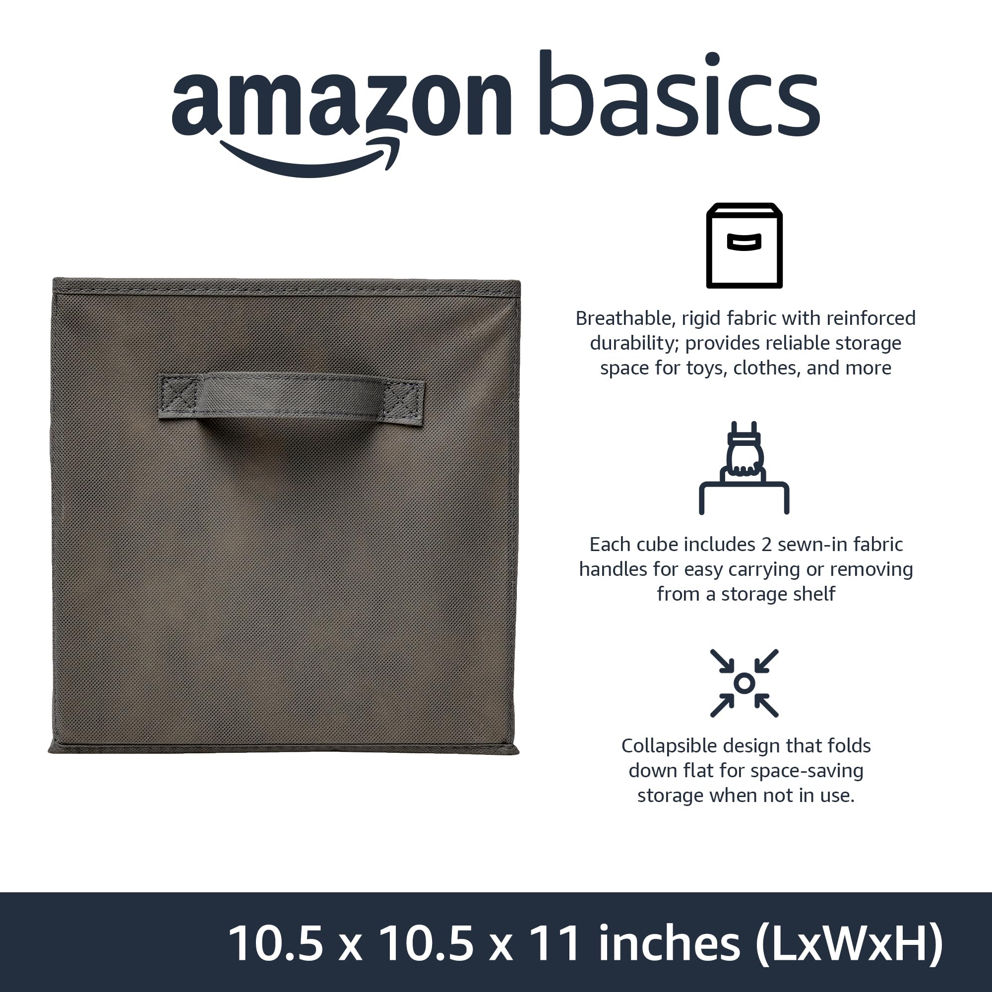 Amazon Basics Collapsible Fabric Storage Cubes Organizer with Handles, Sturdy, Gray, 10.5-x-10.5-x-11-inch, Pack of 6