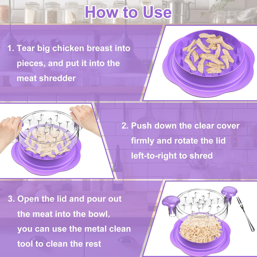Chicken Shredder Large Chicken Breast Shredder Tool Twist with Brush&Fork, Visible Meat Shredder Machine, Strong Anti-Slip Strip, Ergonomic Handle, BPA Free, Suitable for Pork Beef Chicken