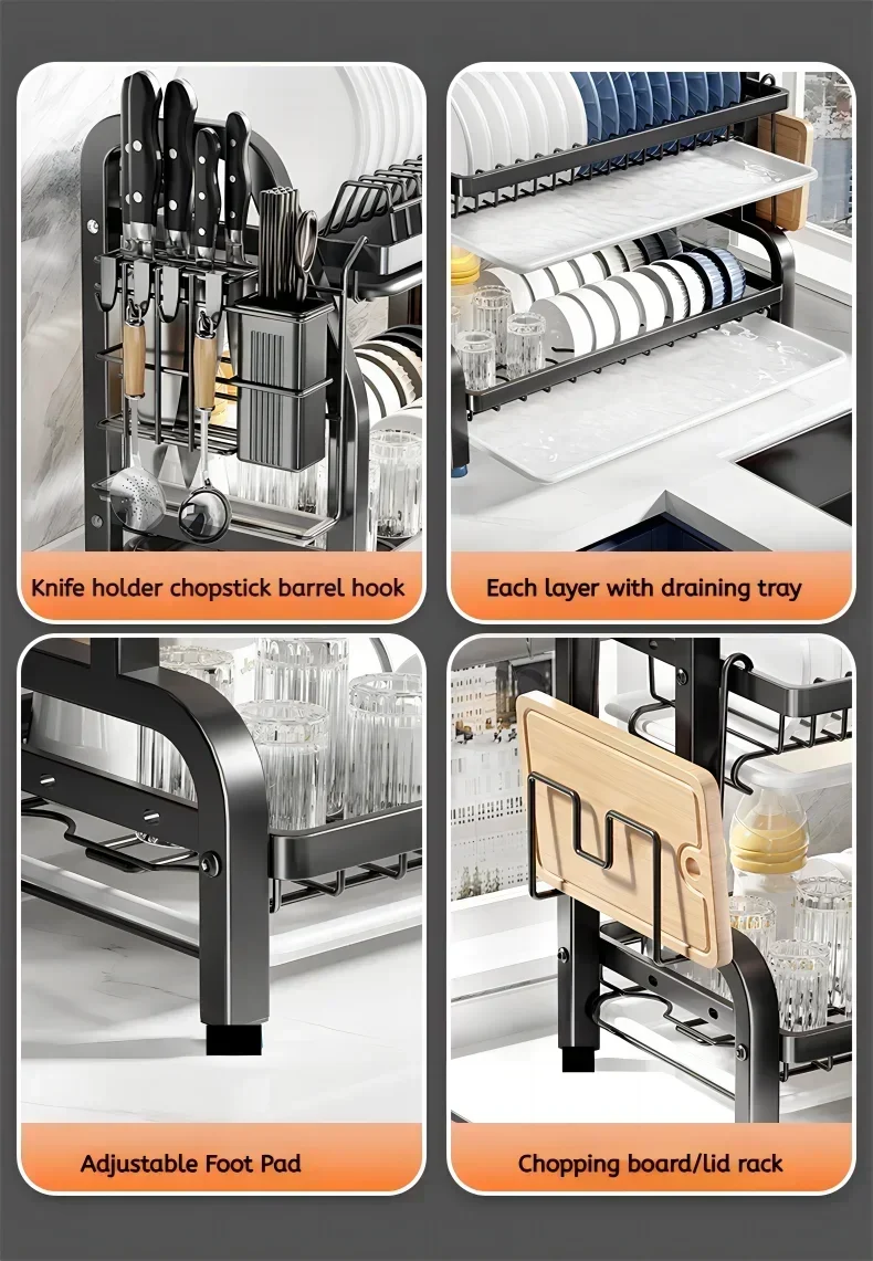 2 Tier Stainless Steel Dish Drying Rack with Drainboard Utensil Holder Compact Rust Proof Kitchen Storage Organizer