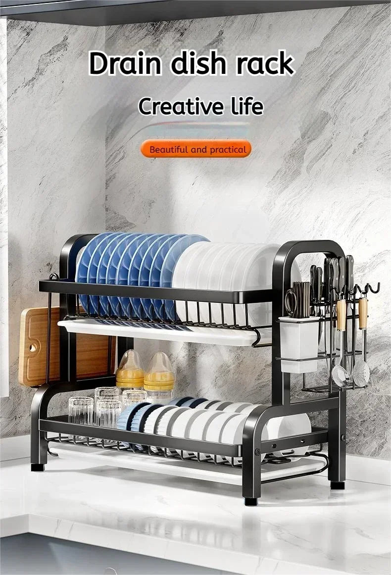 2 Tier Stainless Steel Dish Drying Rack with Drainboard Utensil Holder Compact Rust Proof Kitchen Storage Organizer