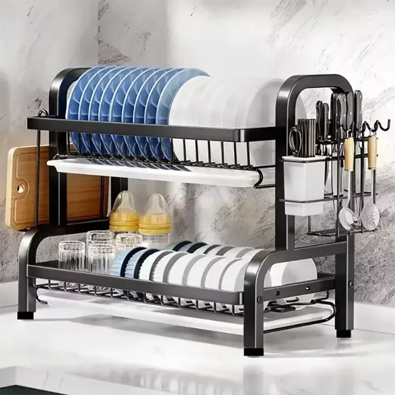 2 Tier Stainless Steel Dish Drying Rack with Drainboard Utensil Holder Compact Rust Proof Kitchen Storage Organizer