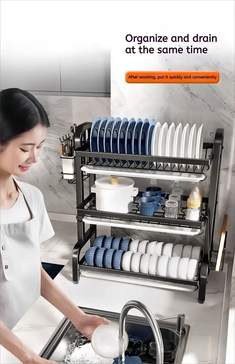 2 Tier Stainless Steel Dish Drying Rack with Drainboard Utensil Holder Compact Rust Proof Kitchen Storage Organizer