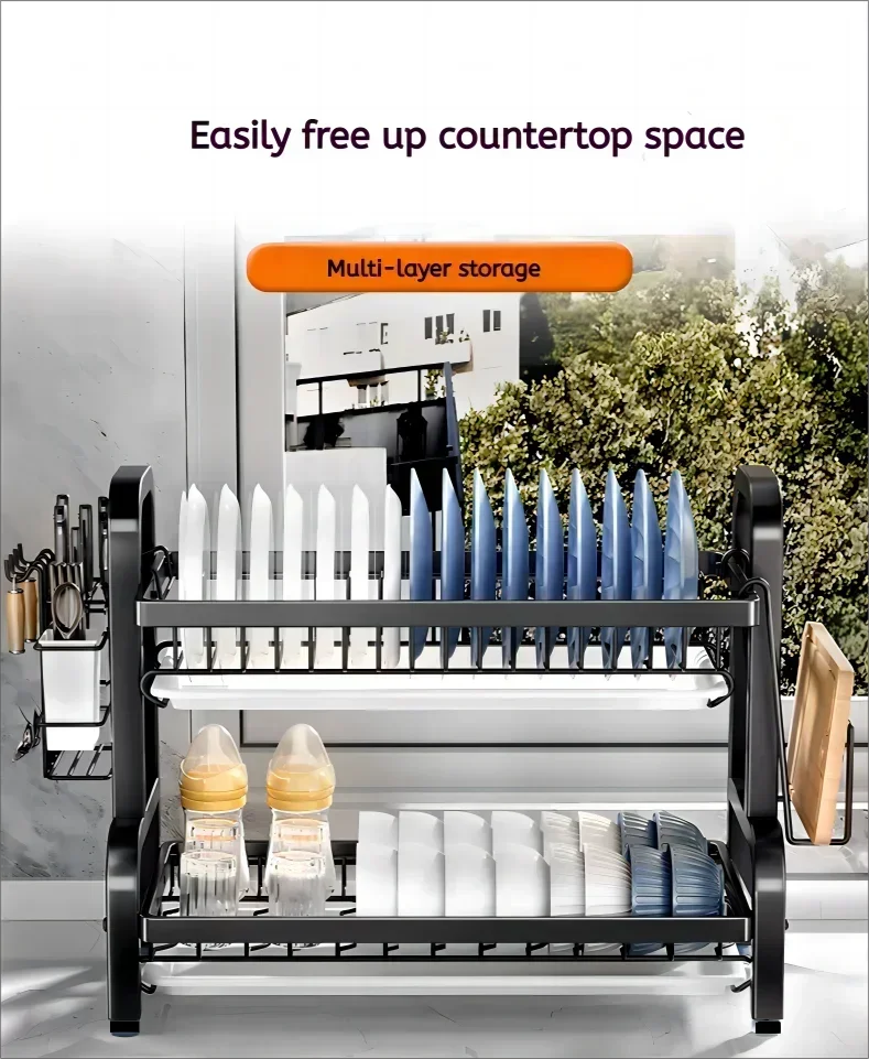 2 Tier Stainless Steel Dish Drying Rack with Drainboard Utensil Holder Compact Rust Proof Kitchen Storage Organizer
